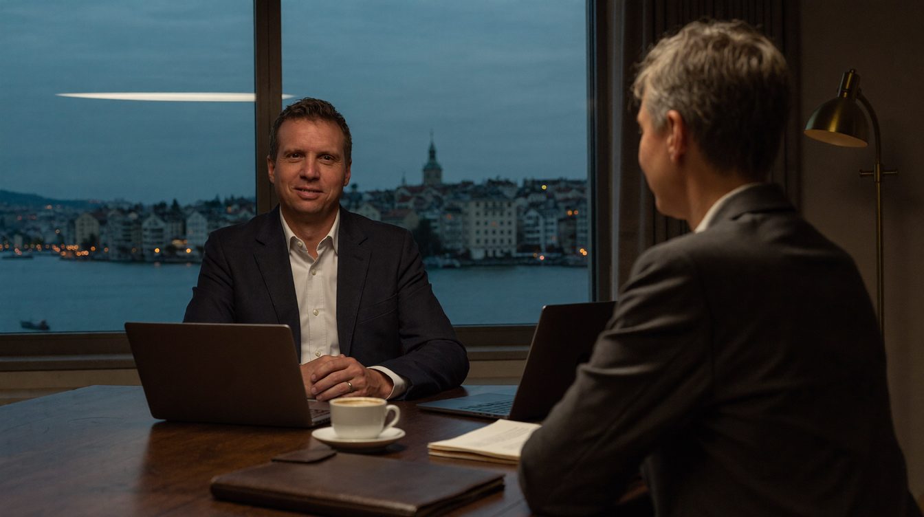 Consulente Swissflow a colloquio con un gestore patrimoniale sopra Zurigo al crepuscolo